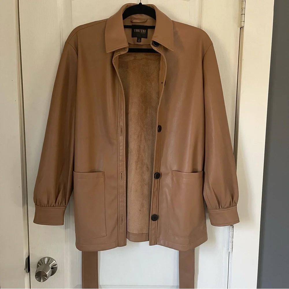 NWOT Truth By Republic Women’s Long Sleeve Faux Leather Jacket With Belt Size S - Picture 1 of 12